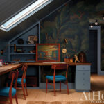 Dark blue and green-walled attic room with desk and chairs.