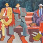 Three men in colorful suits sit on a striped bench.