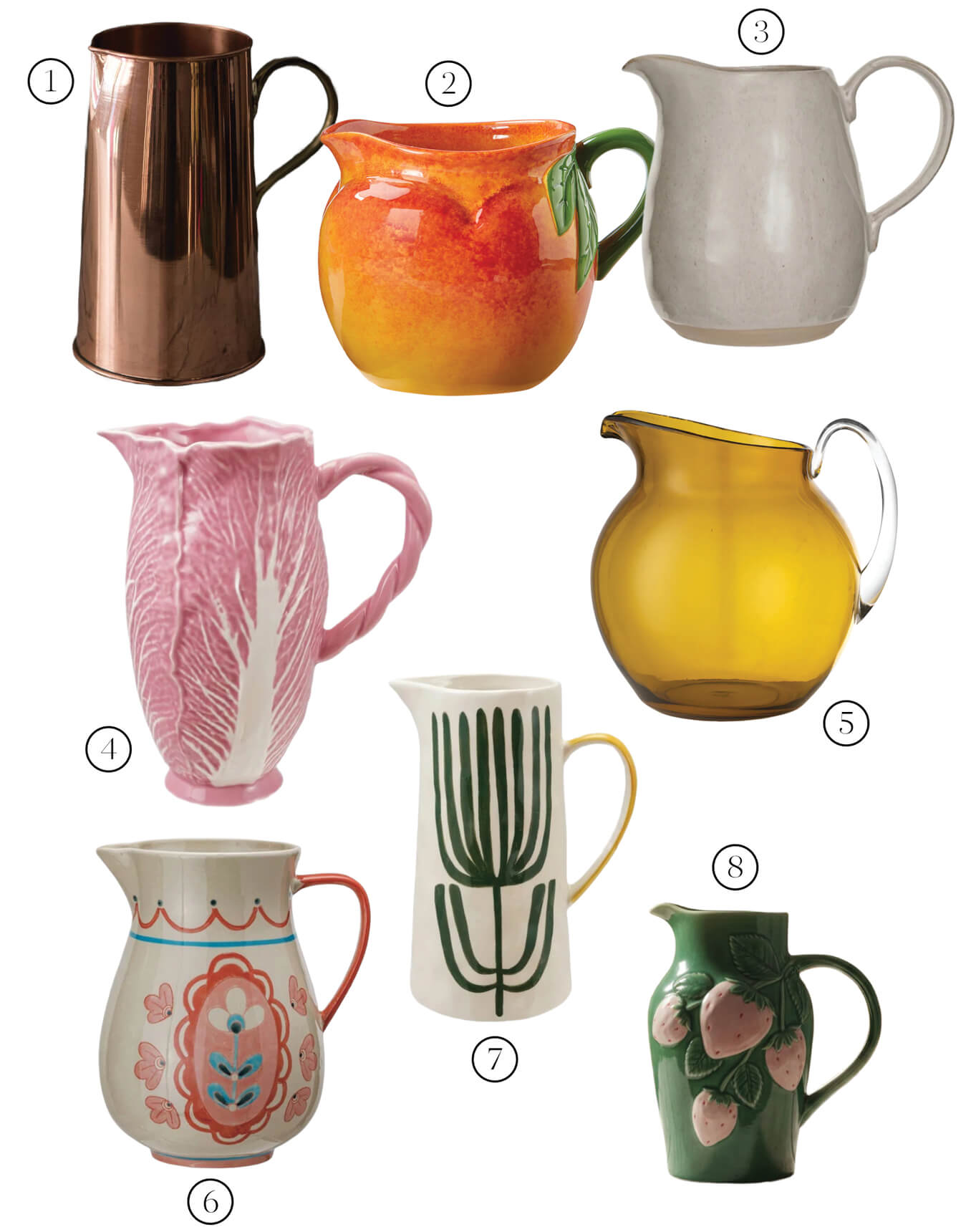 Set of decorative ceramic pitchers in various colors and patterns.