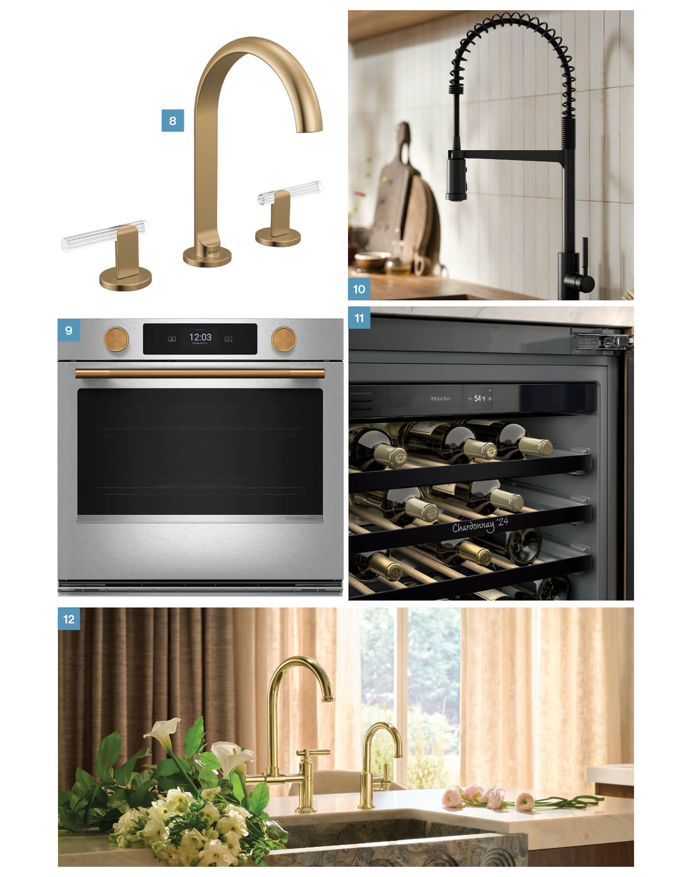 Two brushed gold faucets and a wine refrigerator.