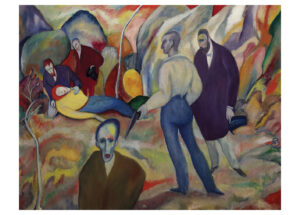 Abstract painting with figures in muted colors, depicting a somber scene.