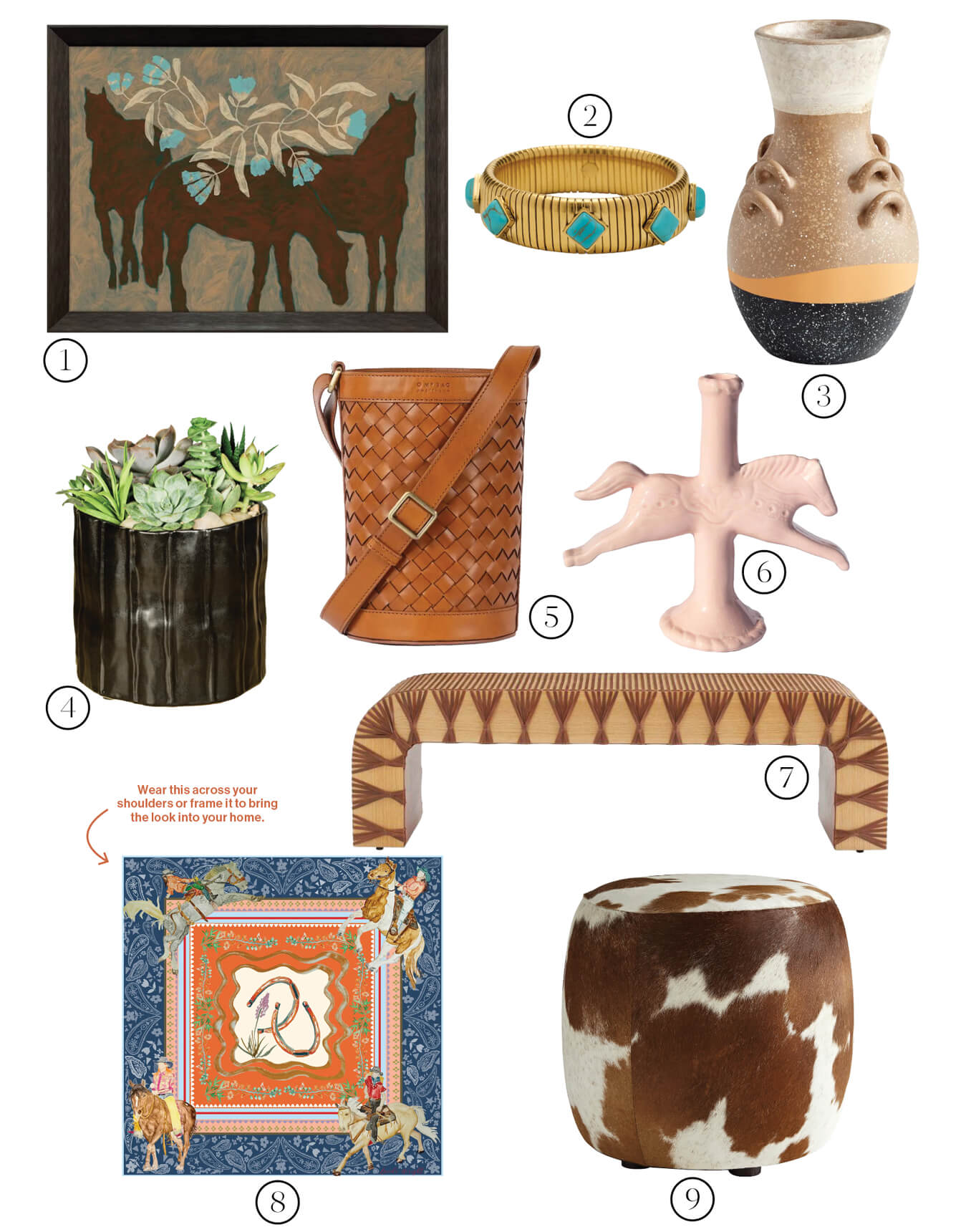 Collection of decorative items: painting, pottery, bag, pillow, and rug.